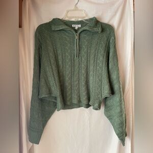 Green Knit Cropped Half Zip Sweater